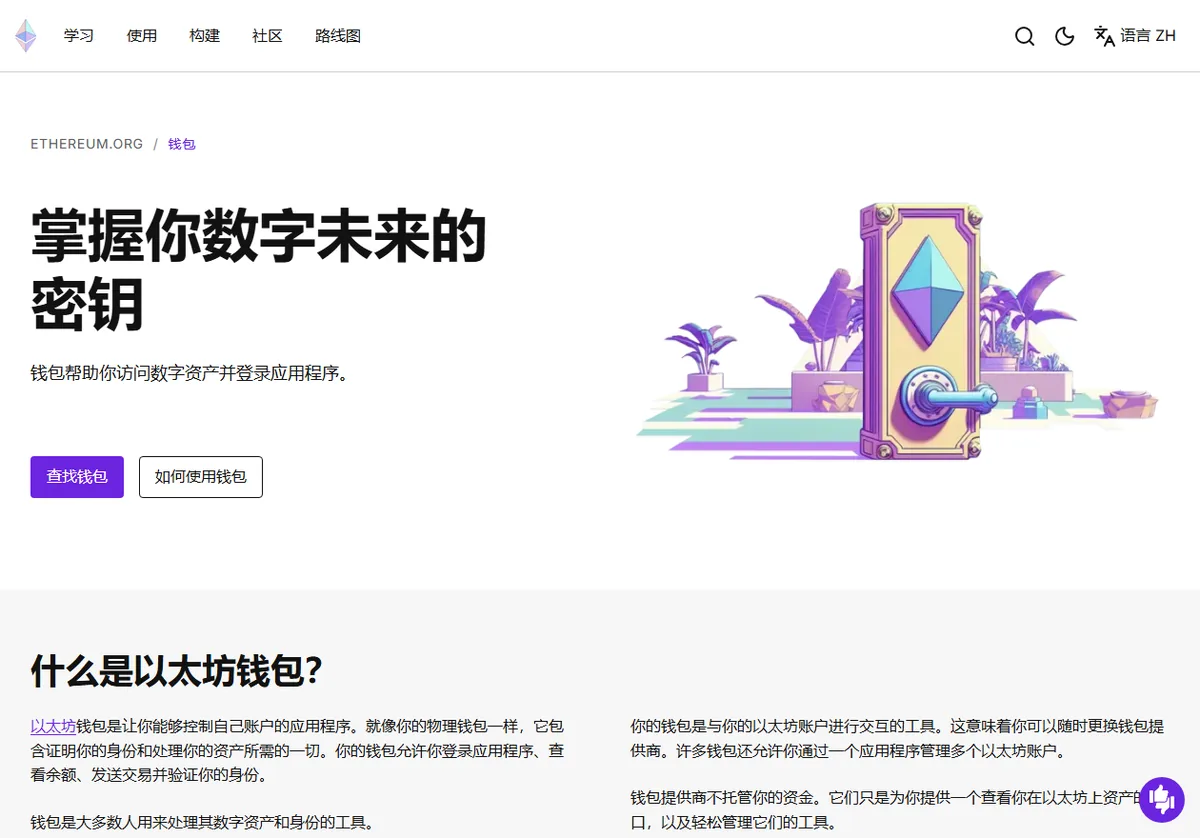ethereum.org 钱包介绍页，标题掌握你数字未来的密钥，下方解释什么是以太坊钱包，并写着钱包提供商不托管你的资金
