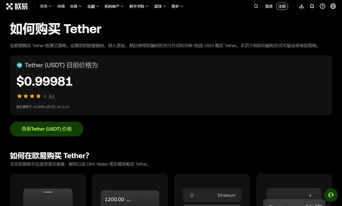 OKX 如何购买 Tether 页面，显示 USDT 当前价格约 0.9998 美元，下方是如何在欧易购买 Tether 的步骤卡片