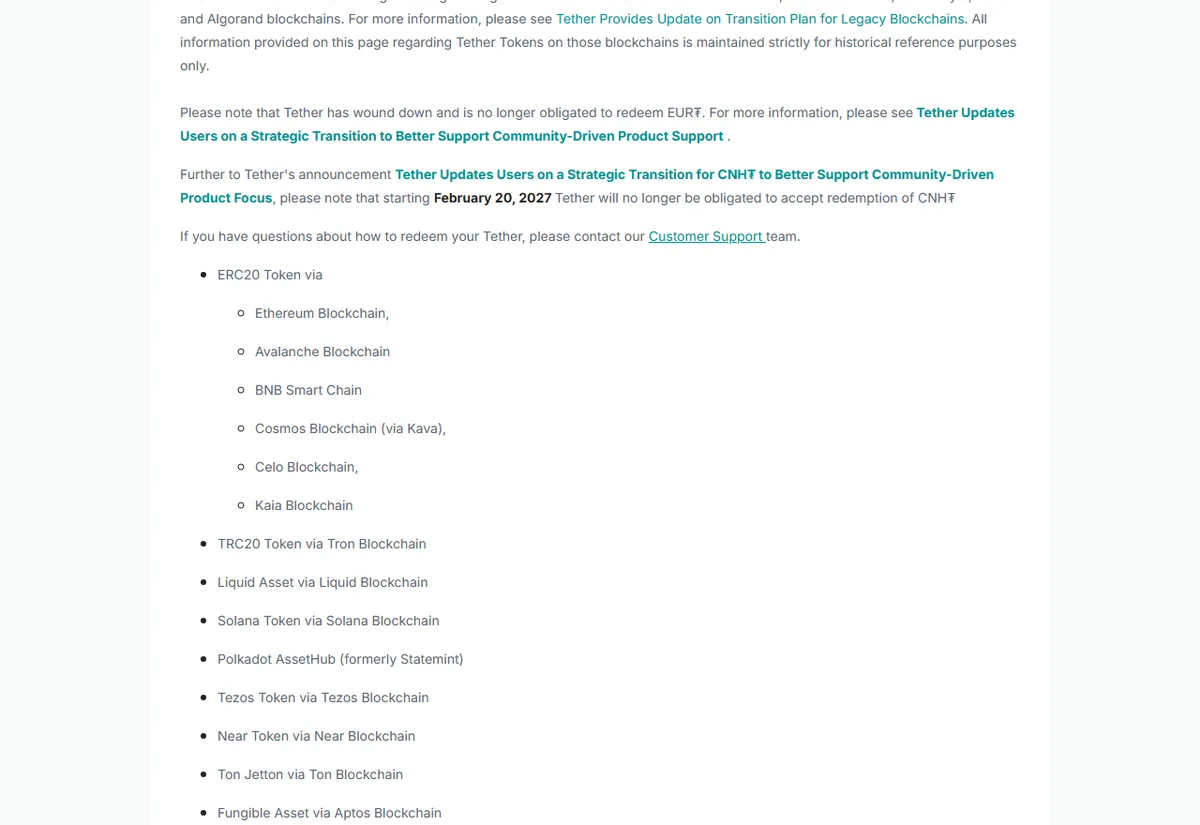 Tether 官网 Supported Protocols 页面的支持链列表：ERC20 经以太坊、Avalanche、BNB Smart Chain 等，TRC20 经 Tron，以及 Solana、Ton、Aptos 等链